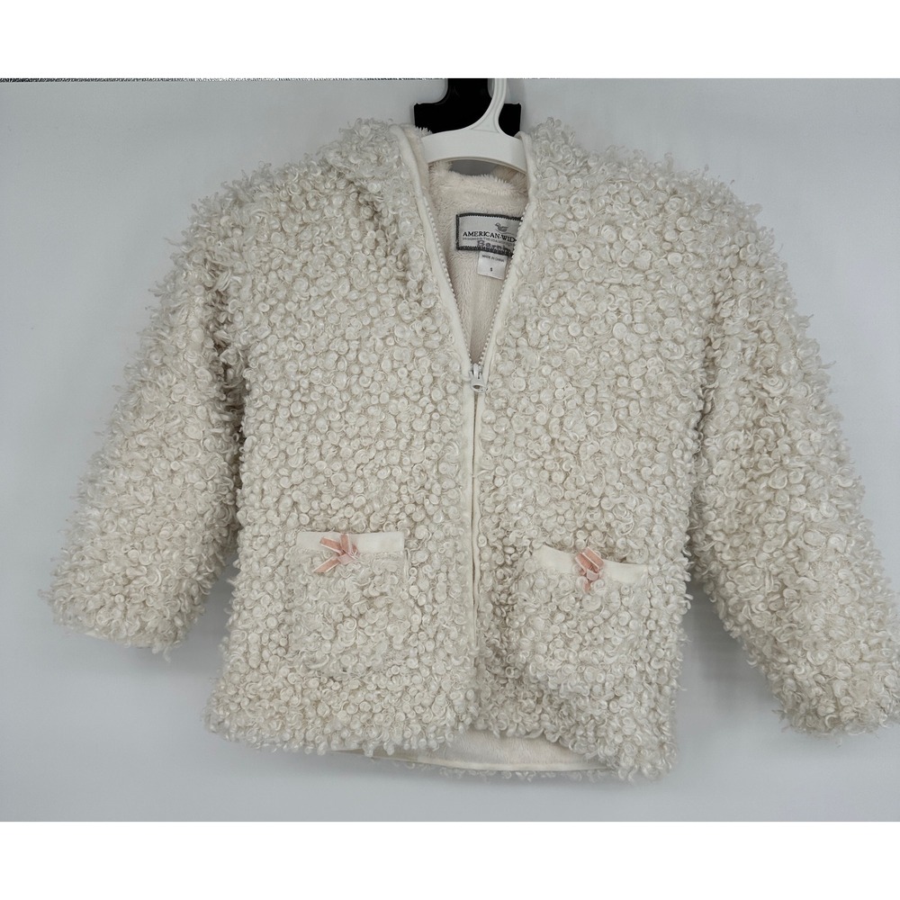 American Widgeon Girls Cream Faux Fur Curly Jacket Coat‎ Size 5 Bow Pockets